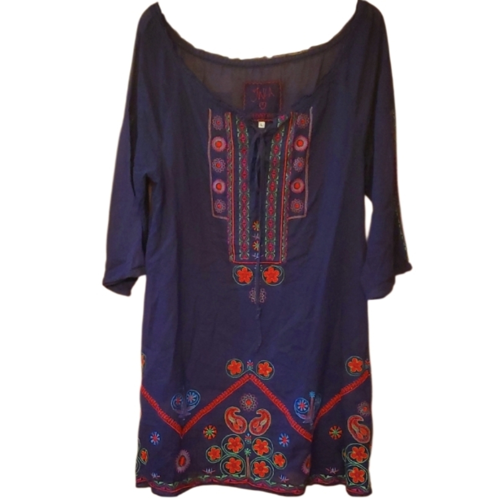 Johnny Was Navy Blue Embroidered Mini Dress with Red & Green Accents